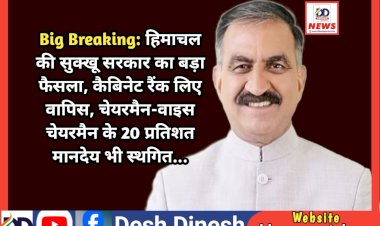 Big Breaking: हिमाचल सरकार का बड़ा फैसला, कैबिनेट रैंक लिए वापिस, चेयरमैन-वाइस चेयरमैन के 20 प्रतिशत मानदेय भी स्थगित... ddnewsportal.com