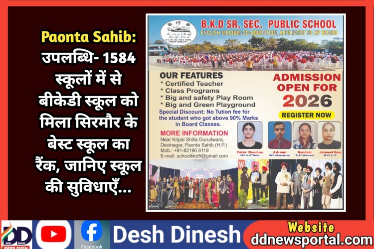 Paonta Sahib: सर्वेक्षण- 1584 स्कूलों में से बीकेडी स्कूल को मिला सिरमौर के बेस्ट स्कूल का रैंक, जानिए स्कूल की सुविधाएँ...  ddnewsportal.com